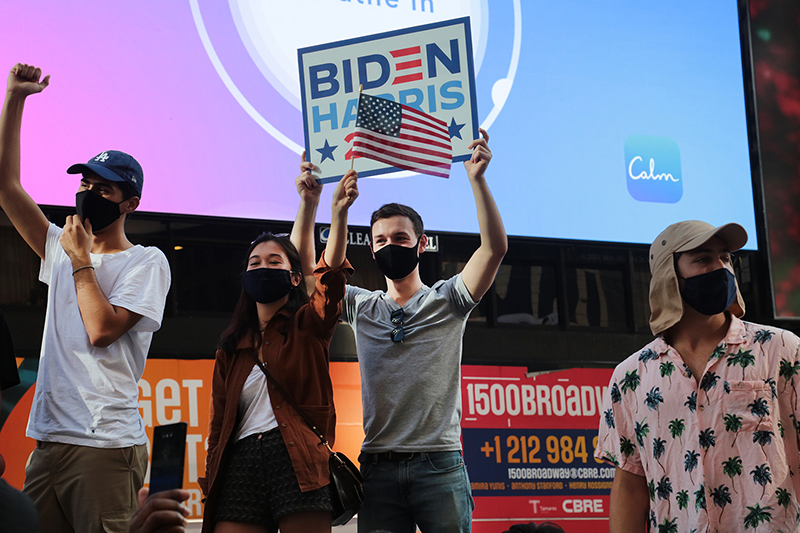 2020 Election Celebrations : New York City : Times Square : Richard Moore : Photographer : Photojournalist